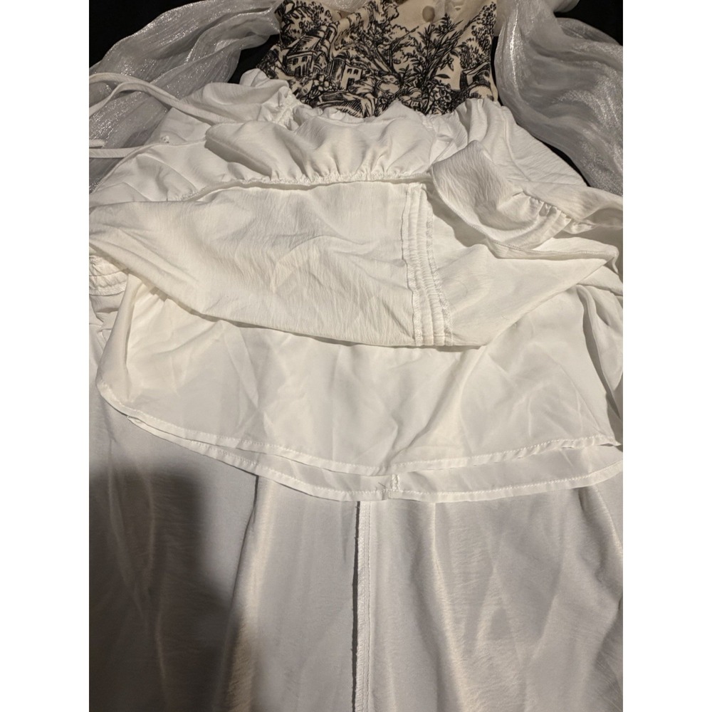 Toile Bodice Milkmaid Dress ~6~White Chiffon Slv Fairy Tale Parachute Hi Low Hem - Picture 12 of 16